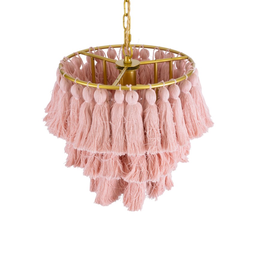 MISSOULA  Boho Κρεμαστό Φωτιστικό Σχοινί Μονόφωτο 1 x E27 IP20 Ροζ Ύφασμα με Χρυσό Μέταλλο - Μ30 x Π30 x Υ40cm