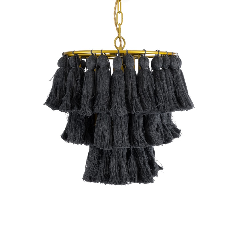 MISSOULA  Boho Κρεμαστό Φωτιστικό Σχοινί Μονόφωτο 1 x E27 IP20 Μαύρο Ύφασμα με Χρυσό Μέταλλο - Μ30 x Π30 x Υ40cm