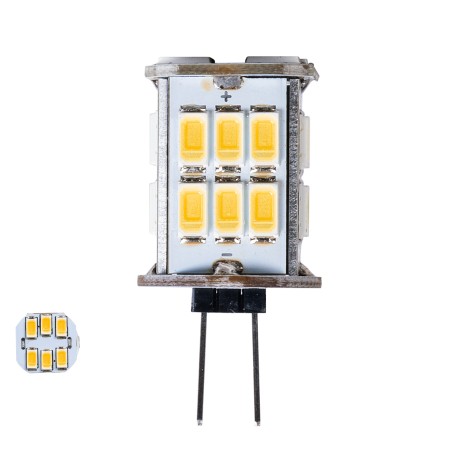 GLOBOSTAR® G4BACK  Λάμπα G4 LED 6W 600lm 320° DC 12-24V IP20 Θερμό Λευκό 2700K Dimmable - Sanan SMD Chip - Back Pin - Μ1.9 x Π1.9 x Υ3.7cm