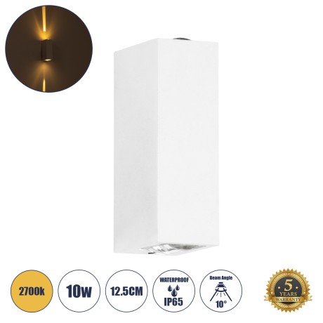 GLOBOSTAR® LINOR  Μοντέρνο Φωτιστικό Τοίχου - Απλίκα LED 10W 1000lm 10° AC 220-240V Αδιάβροχο IP65 Θερμό Λευκό 2700K - Bridgelux COB Chip & TÜV SÜD Driver - Λευκό Ματ - Μ12.5 x Π6 x Υ4cm