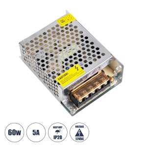 Μεταλλικό Τροφοδοτικό PELV για Προϊόντα LED 60W 5A - AC 220-240V σε DC 12V - IP20 - Μ11 x Π8 x Υ3.5cm