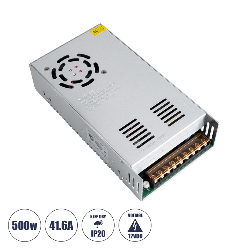 Μεταλλικό Τροφοδοτικό PELV για Προϊόντα LED 500W 41.6A - AC 220-240V σε DC 12V - IP20 Μ21 x Π11 x Υ5cm