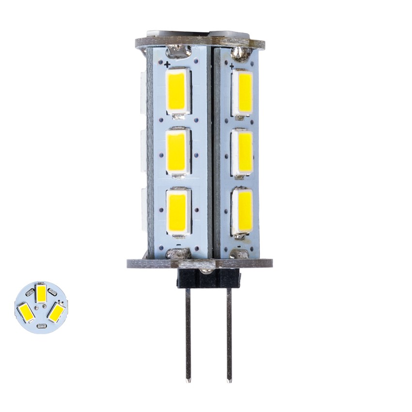 GLOBOSTAR® G4BACK  Λάμπα G4 LED 5W 500lm 320° DC 12-24V IP20 Ψυχρό Λευκό 6000K Dimmable - Sanan SMD Chip - Back Pin - Μ1.8 x Π1.8 x Υ4.3cm