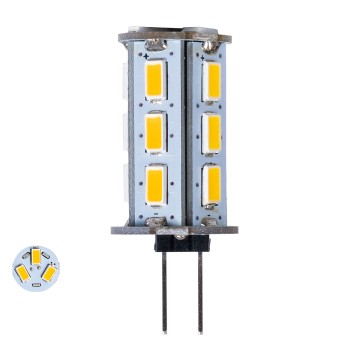 GLOBOSTAR® G4BACK  Λάμπα G4 LED 5W 450lm 320° DC 12-24V IP20 Θερμό Λευκό 2700K Dimmable - Sanan SMD Chip - Back Pin - Μ1.8 x Π1.8 x Υ4.3cm
