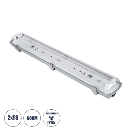 GLOBOSTAR® VIGAS  Γραμμικό Βιομηχανικό Φωτιστικό Σκαφάκι Tri-Proof με Μεταλλικά Clips για 2 x Λάμπες T8 G13 60cm Τύπου Φθορίου LED Τροφοδοσίας Ενός Άκρου 120° AC 220-240V Αδιάβροχο IP65 - Γκρι με Διάφανο Κάλυμμα Πλαστικό PC - Μ66 x Π11.5 x Υ9cm