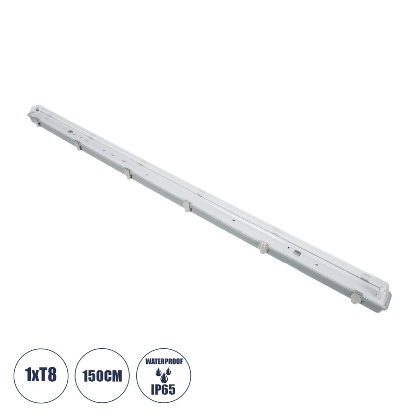 150cm Tri-Proof Πλαστικό PC Σκαφάκι με Μεταλλικά Clips για 1 x Λάμπες T8 Τύπου Φθορίου LED Τροφοδοσίας Ενός Άκρου Αδιάβροχο IP65