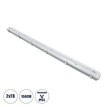 150cm Tri-Proof Πλαστικό PC Σκαφάκι με Μεταλλικά Clips για 2 x Λάμπες T8 Τύπου Φθορίου LED Τροφοδοσίας Ενός Άκρου Αδιάβροχο IP65