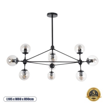 GLOBOSTAR® SENTINEL  Μοντέρνο Φωτιστικό Οροφής με Ντουί 10 x E27 AC 220-240V IP20 - Μαύρο & Διάφανο - Μ105 x Π80 x Υ90cm