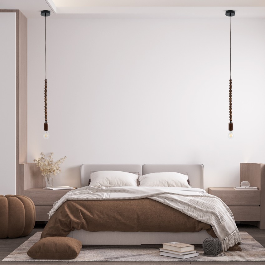 BEADS  Vintage Κρεμαστό Φωτιστικό Ανάρτηση Μονόφωτο 1 x E27 IP20 Καφέ Ξύλο - Μ4 x Π4 x Υ47cm