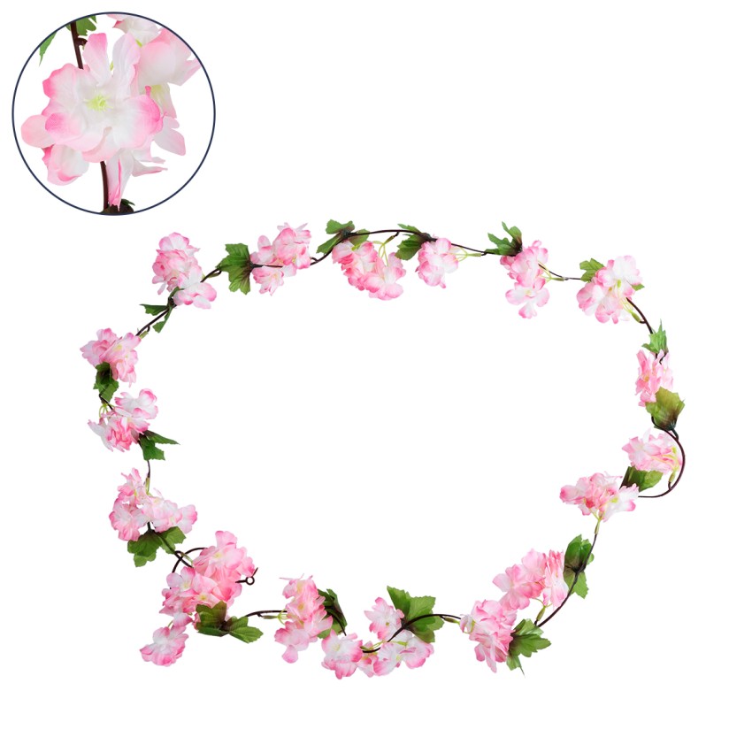 Τεχνητό Κρεμαστό Φυτό Διακοσμητική Γιρλάντα Λουλουδιών με 18 Ροζ Λευκά Άνθη Κερασιάς & Πράσινο Φύλλωμα M20 x Υ220 x Π20cm