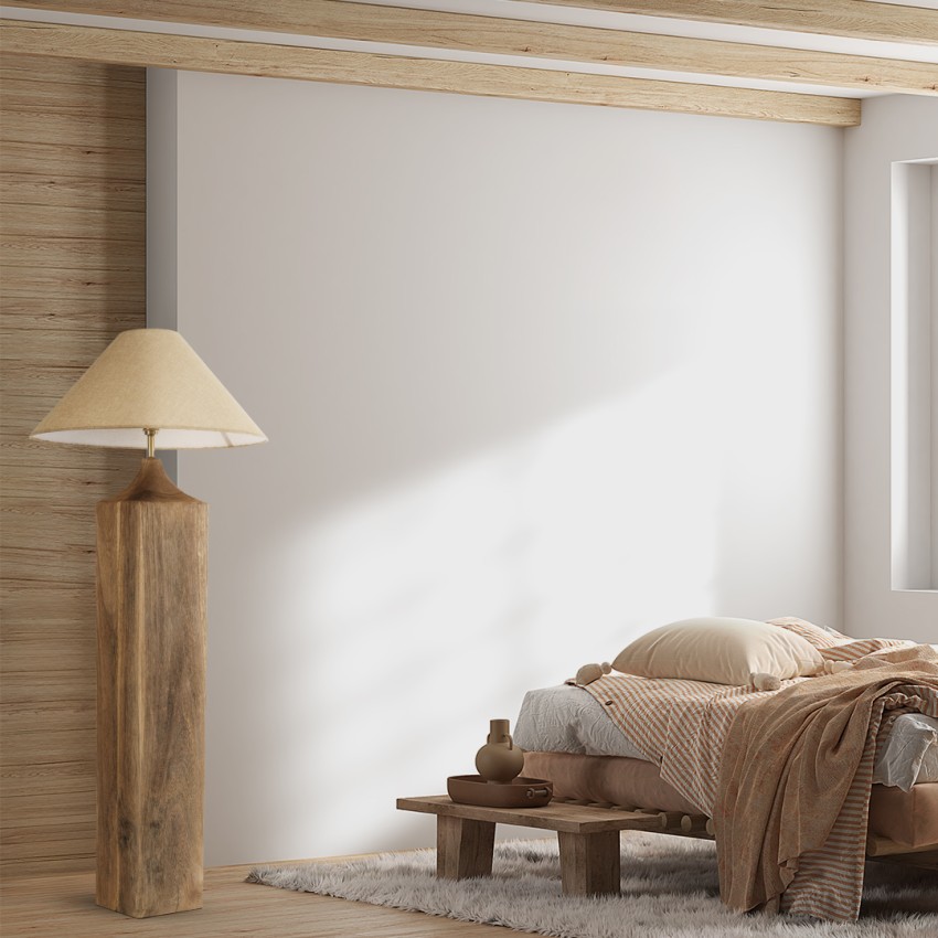 LAFRONTERA  Boho Επιδαπέδιο Φωτιστικό Μονόφωτο 1 x E27 IP20 Καφέ Ξύλο με Μπεζ Ύφασμα - Μ55 x Π55 x Υ140cm