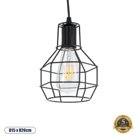 GLOBOSTAR® CAGE  Vintage Κρεμαστό Φωτιστικό Οροφής με Ντουί 3 x E27 AC 220-240V IP20 - Μαύρο - Μ15 x Π15 x Υ20cm