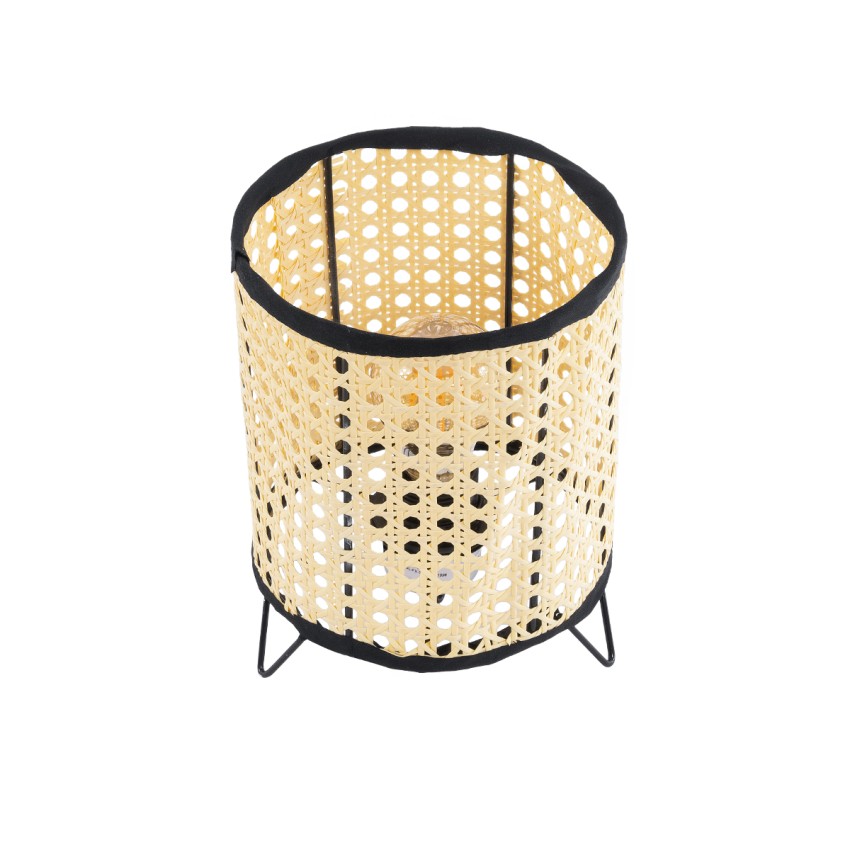 MONTE  Μοντέρνο Επιτραπέζιο Φωτιστικό Πορτατίφ Μονόφωτο 1 x E27 AC220-240V IP20 - Φ16 x Υ22cm - Μαύρο Ύφασμα με Μπεζ Ξύλινο Μπαμπού Πλέγμα