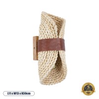 GUAVA  Boho Επιτοίχιο Φωτιστικό Απλίκα Δίφωτο 2 x G9 IP20 Μπεζ Ξύλο με Καφέ Δέρμα - Μ11 x Π13 x Υ30cm