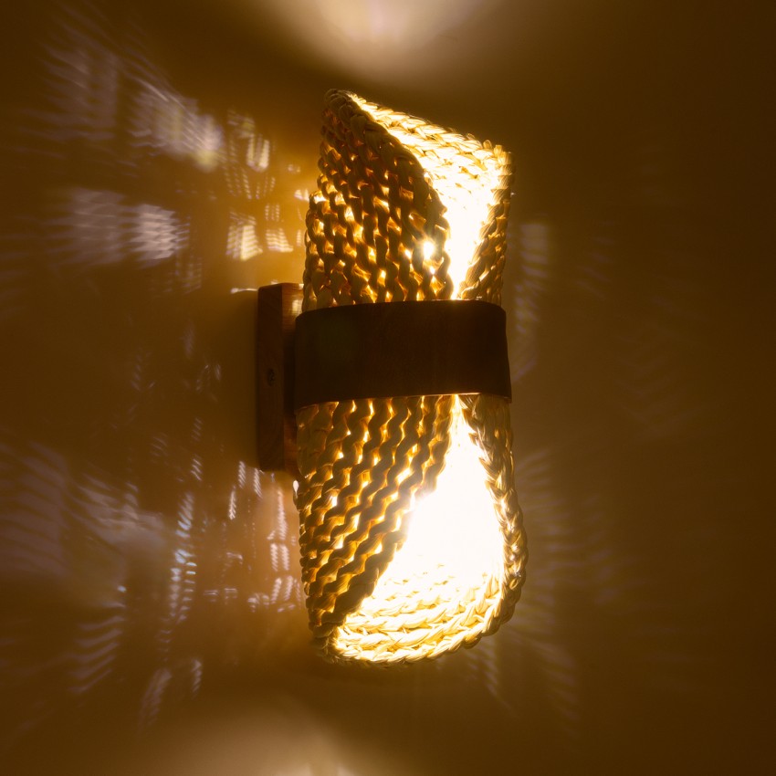 GUAVA  Boho Επιτοίχιο Φωτιστικό Απλίκα Δίφωτο 2 x G9 IP20 Μπεζ Ξύλο με Καφέ Δέρμα - Μ11 x Π13 x Υ30cm