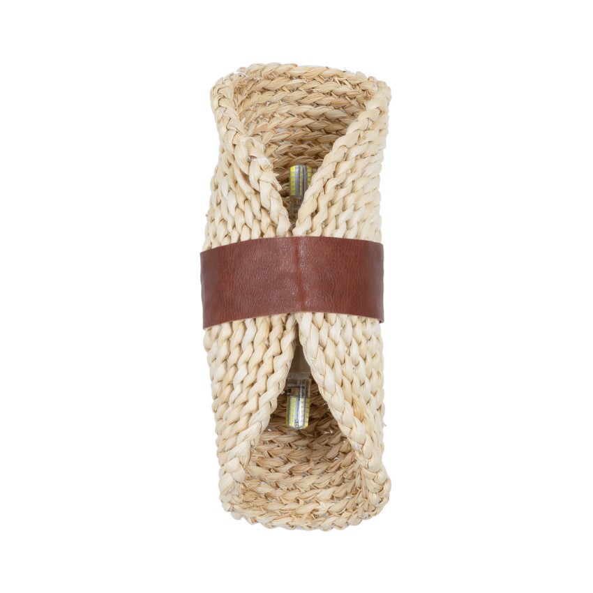 GUAVA  Boho Επιτοίχιο Φωτιστικό Απλίκα Δίφωτο 2 x G9 IP20 Μπεζ Ξύλο με Καφέ Δέρμα - Μ11 x Π13 x Υ30cm