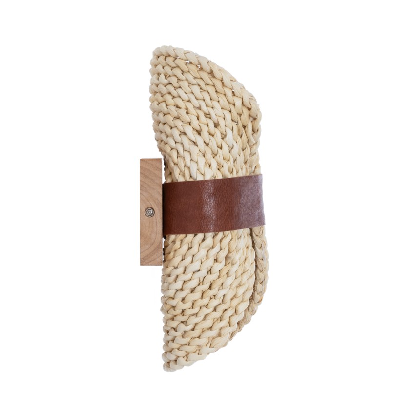 GUAVA  Boho Επιτοίχιο Φωτιστικό Απλίκα Δίφωτο 2 x G9 IP20 Μπεζ Ξύλο με Καφέ Δέρμα - Μ11 x Π13 x Υ30cm