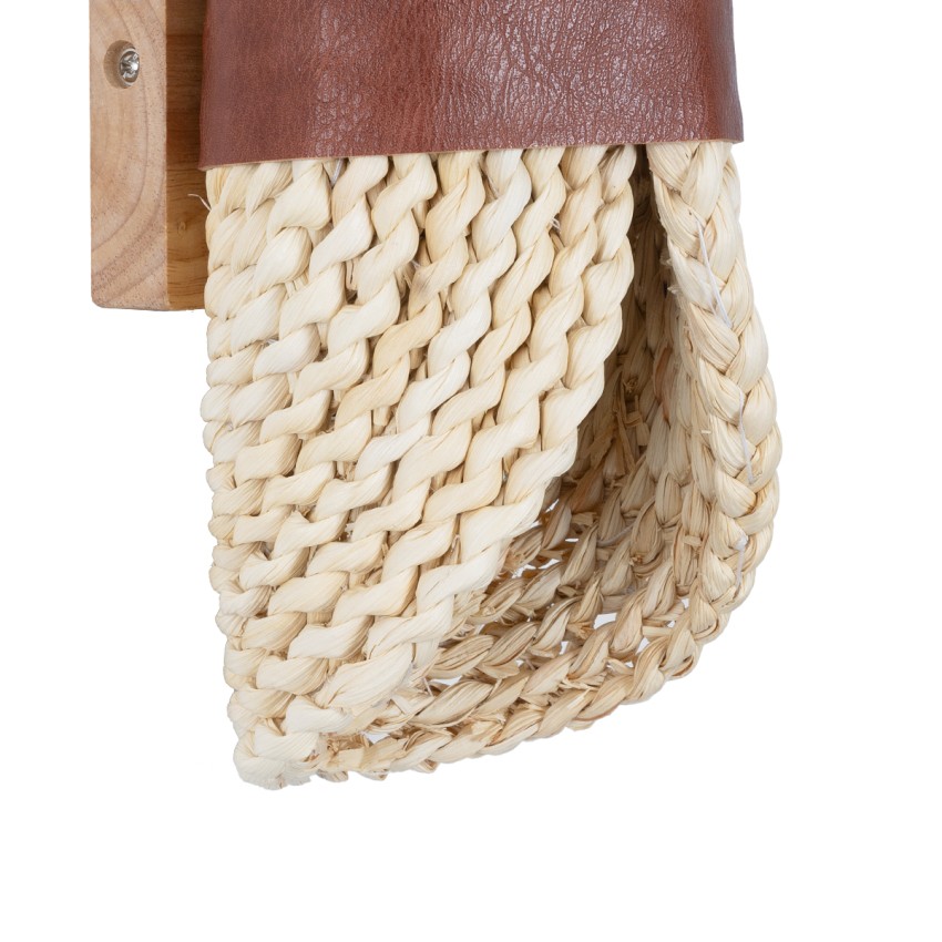 GUAVA  Boho Επιτοίχιο Φωτιστικό Απλίκα Δίφωτο 2 x G9 IP20 Μπεζ Ξύλο με Καφέ Δέρμα - Μ11 x Π13 x Υ30cm