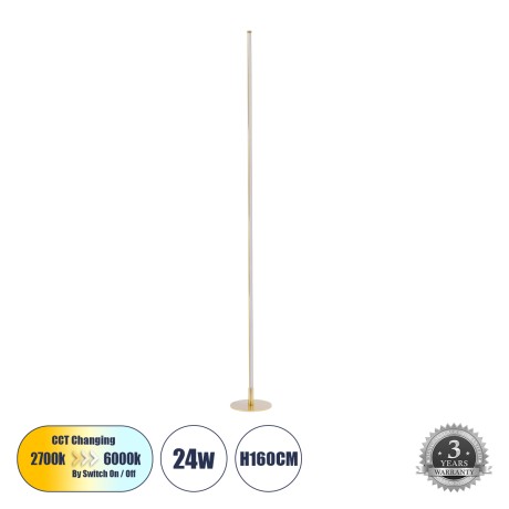 DALUMA  Επιδαπέδιο Φωτιστικό LED CCT 24W 2640lm 200° AC 220-240V - Εναλλαγή Φωτισμού μέσω On/Off All In One Ψυχρό 6000k+Φυσικό 4500k+Θερμό 2700k Μ18 x Π18 x Υ160cm - Χρυσό