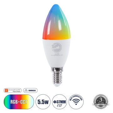 Έξυπνη Λάμπα LED E14 C37 Κεράκι Smart Home Wifi 5.5W 550lm 260° AC 220-240V IP20 Φ3.7 x Υ11cm RGB+CCT - Εναλλαγή Φωτισμού & Dimming μέσω Εφαρμογής Tuya - Bridgelux Chip