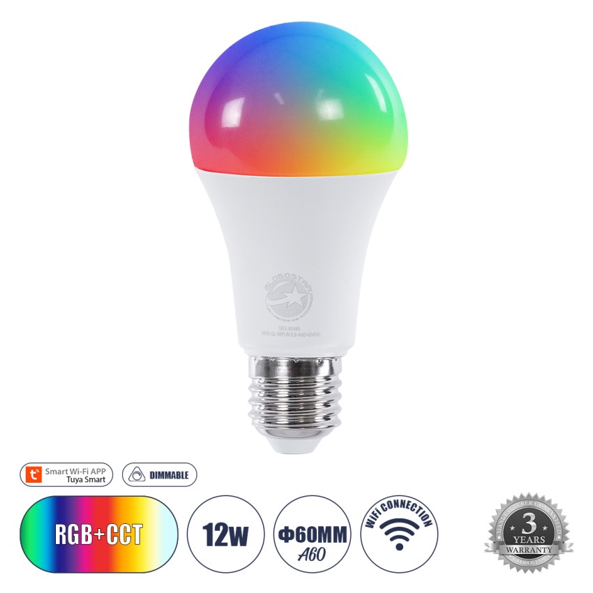 Έξυπνη Λάμπα LED E27 A60 Γλόμπος Smart Home Wifi 12W 1200lm 260° AC 220-240V IP20 Φ6 x Υ12cm RGB+CCT - Εναλλαγή Φωτισμού & Dimming μέσω Εφαρμογής Tuya - Bridgelux Chip