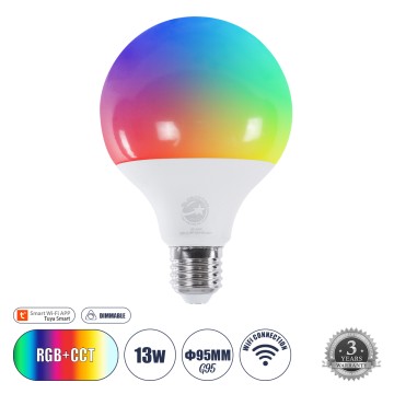 Έξυπνη Λάμπα LED E27 G95 Γλόμπος Smart Home Wifi 13W 1300lm 260° AC 220-240V IP20 Φ9.5 x Υ13.5cm RGB+CCT - Εναλλαγή Φωτισμού & Dimming μέσω Εφαρμογής Tuya - Bridgelux Chip