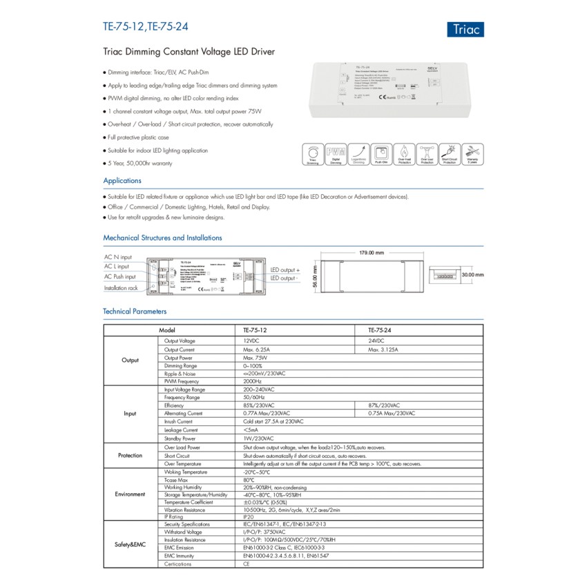 TE-75-24 SKYDANCE AC Triac Dimmer Push Dimming 1 Κανάλι AC 200-240V 1 x 3.125A 75W - Max 3.125A 75W - IP20 Μ18 x Π5.7 x Υ3cm