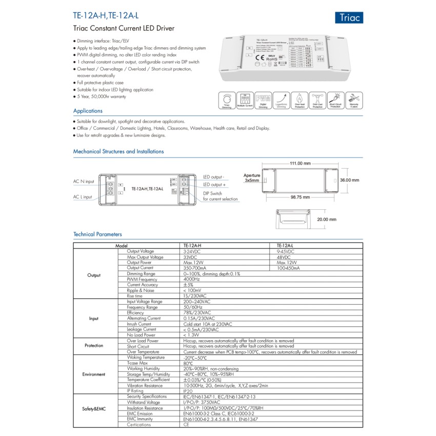 TE-12A-L SKYDANCE AC Triac Dimmable Constant Current LED Driver 1 Κανάλι AC 200-240V 1 x 0.15A 12W - Max 0.15A 12W - IP20  Μ11.1 x Π3.7 x Υ2cm