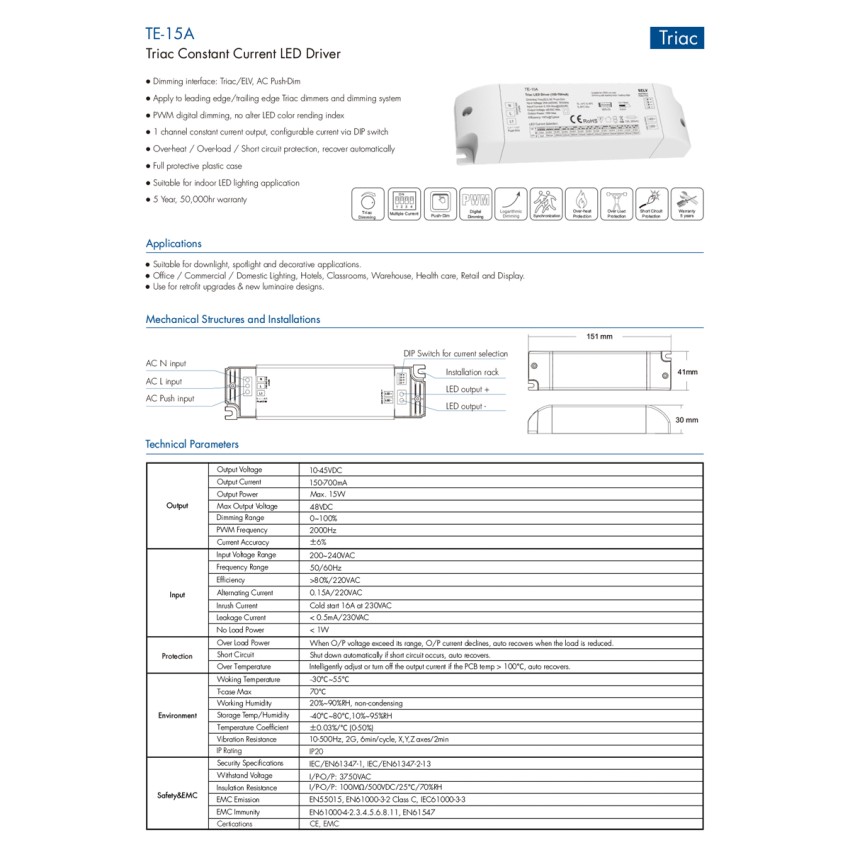 TE-15A SKYDANCE AC Triac Dimmable Constant Current LED Driver Push Dimming 1 Κανάλι AC 200-240V 1 x 0.15A 15W - Max 0.15A 15W - IP20  Μ15.1 x Π4.1 x Υ3cm