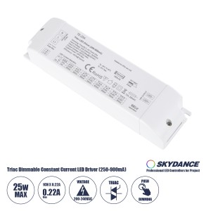 GLOBOSTAR® SKYDANCE-TE-25A  DC Triac & Push Dimmer CC Τροφοδοτικό/Μετασχηματιστής SELV με 1 x 250-900mA 25W Κανάλι AC 220-240V σε DC 10-52V 900mA 25W Max IP20 - Triac & Push Dimming - Μ17.5 x Π4.4 x Υ3cm
