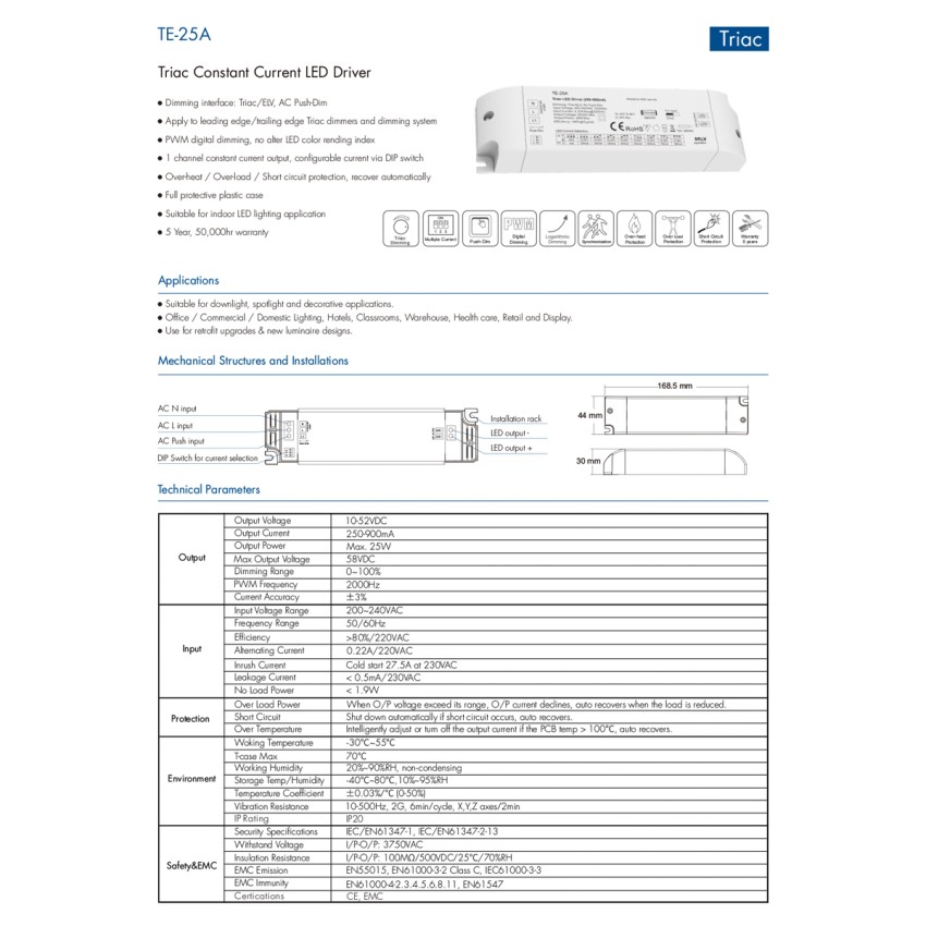 GLOBOSTAR® SKYDANCE-TE-25A  DC Triac & Push Dimmer CC Τροφοδοτικό/Μετασχηματιστής SELV με 1 x 250-900mA 25W Κανάλι AC 220-240V σε DC 10-52V 900mA 25W Max IP20 - Triac & Push Dimming - Μ17.5 x Π4.4 x Υ3cm