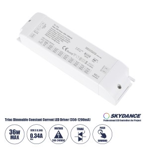 GLOBOSTAR® SKYDANCE-TE-36A  DC Triac & Push Dimmer CC Τροφοδοτικό/Μετασχηματιστής SELV με 1 x 320-1200mA 36W Κανάλι AC 220-240V σε DC 10-52V 1200mA 36W Max IP20 - Triac & Push Dimming - Μ17.5 x Π4.4 x Υ3cm