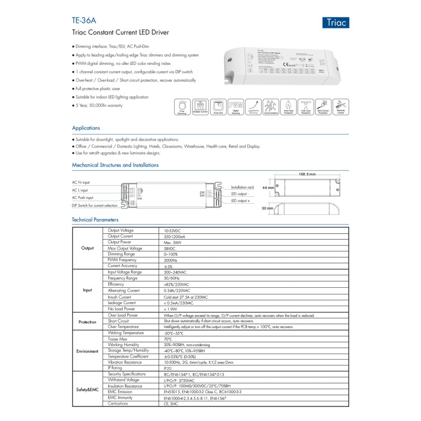 GLOBOSTAR® SKYDANCE-TE-36A  DC Triac & Push Dimmer CC Τροφοδοτικό/Μετασχηματιστής SELV με 1 x 320-1200mA 36W Κανάλι AC 220-240V σε DC 10-52V 1200mA 36W Max IP20 - Triac & Push Dimming - Μ17.5 x Π4.4 x Υ3cm