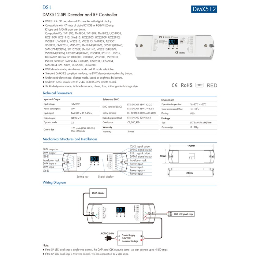 DS-L SKYDANCE DC RF 2.4Ghz DMX512 to SPI Decoder DC 5-24V - IP20  Μ17 x Π5 x Υ2.5cm