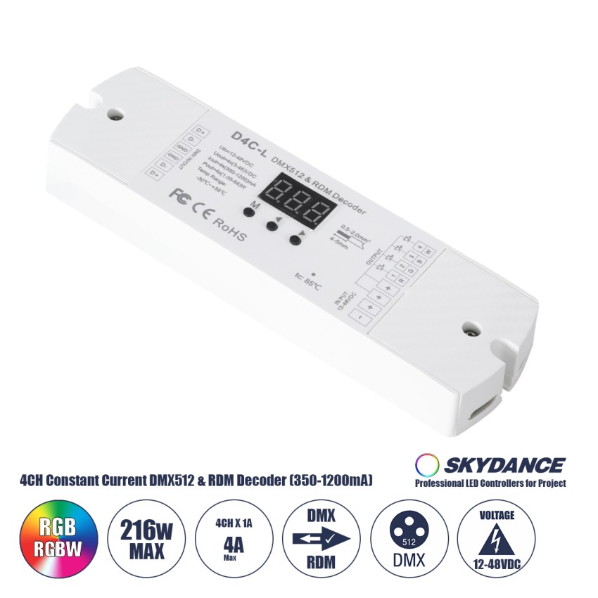 D4C-L SKYDANCE DC DMX512 Constant Current & RDM Decoder 4 Καναλιών DC 12-48V 4 x 1A 54W - Max 4A 216W - IP20  Μ17 x Π5 x Υ2.5cm