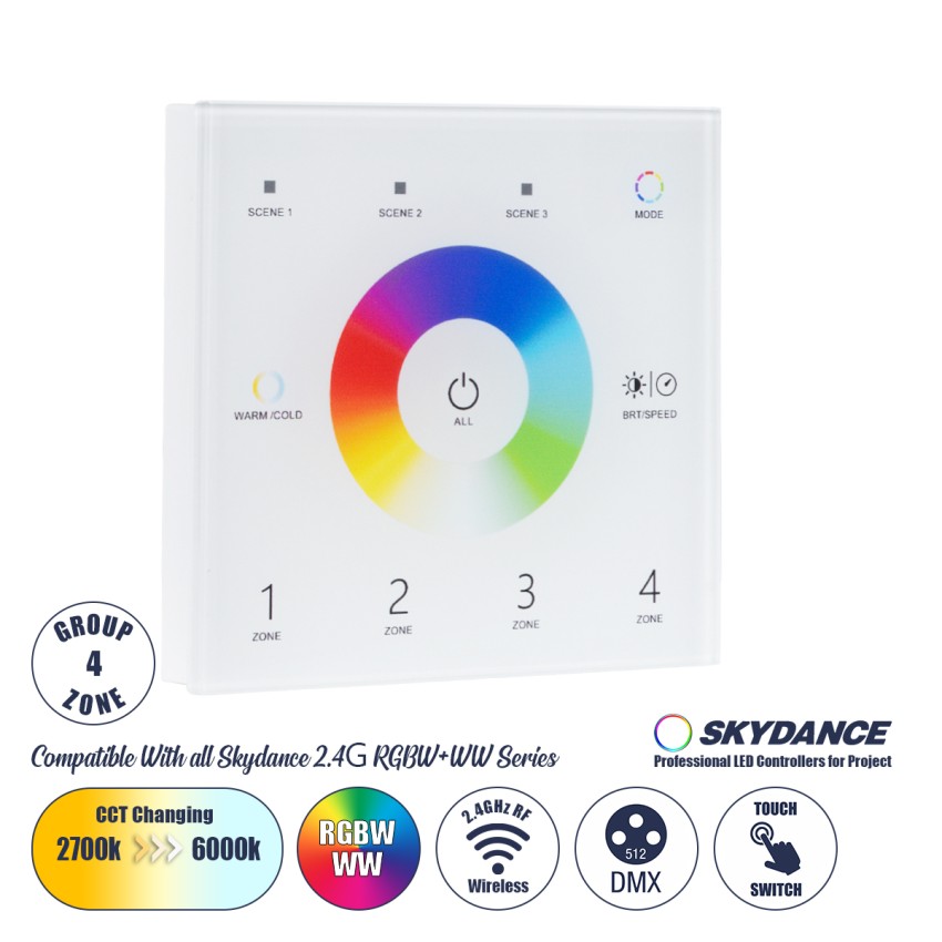 T15 SKYDANCE Ασύρματο DMX512 Επιτοίχιο Χειριστήριο RF 2.4Ghz 4 Group για όλα τα SKYDANCE DMX512 Controller AC 100-240V Max 0.1A - IP20 Μ8.5 x Μ8.5 x Π8.5 x Υ3.5cm