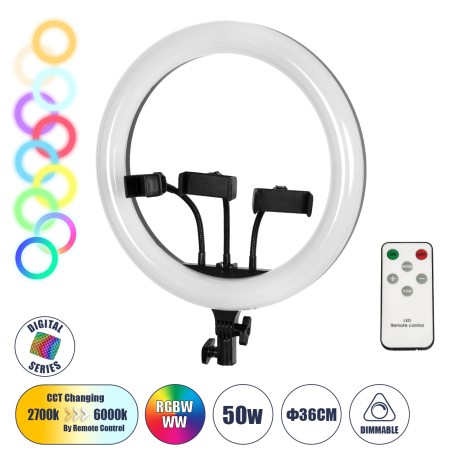 Professional Digital Ring Light Φ36cm LED SMD 50W 5000lm 180° DC 5V με Καλώδιο Τροφοδοσίας USB - Ενσωματωμένο και Ασύρματο Χειριστήριο RF 2.4Ghz Εναλλαγής Χρωμάτων & 3 Βάσεις Τηλεφώνου - Πολύχρωμο RGBW+WW Dimmable