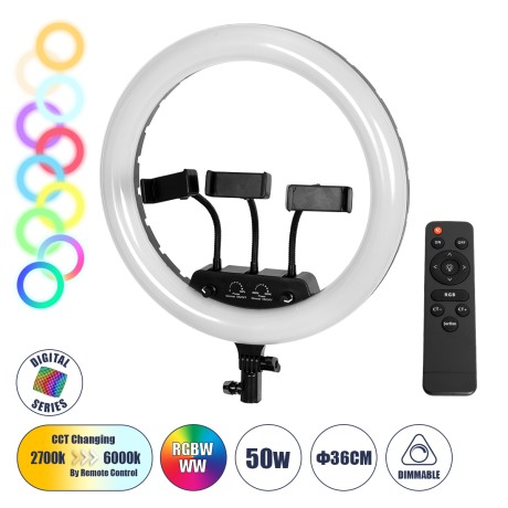 Professional Digital Ring Light Φ36cm LED SMD 50W 5000lm 180° AC 230V με Καλώδιο Τροφοδοσίας Πρίζας - Ασύρματο Χειριστήριο RF 2.4Ghz Εναλλαγής Χρωμάτων & 3 Βάσεις Τηλεφώνου - Πολύχρωμο RGBW+WW Dimmable