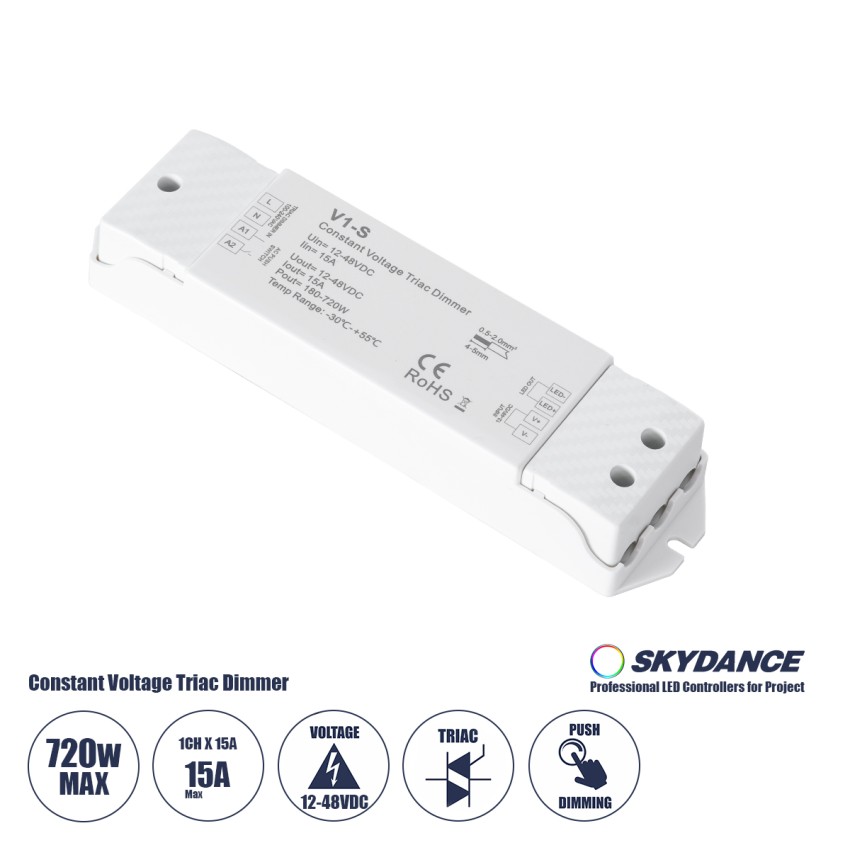 V1-S SKYDANCE AC Triac Dimmer Push Dimming 1 Κανάλι DC 12-48V 1 x 15A 720W - Max 15A 720W - IP20  Μ17.5 x Π4.5 x Υ2.5cm