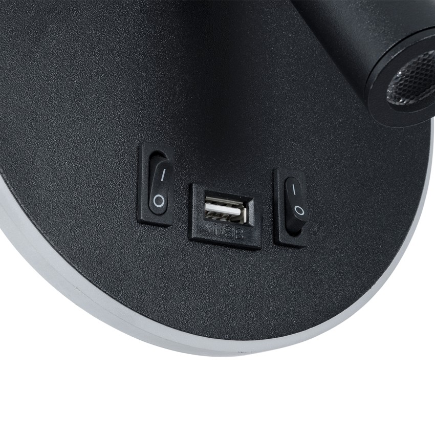 GLOBOSTAR® LADY-R  Μοντέρνο Φωτιστικό Τοίχου - Απλίκα Ξενοδοχείου Reading Light με Φορτιστή USB 3A LED 6W 600lm 36° & 360° AC 220-240V IP20 Φυσικό Λευκό 4500K - Bridgelux COB Chip & TÜV SÜD Driver - Μαύρο Ματ - Μ15 x Π15 x Υ7cm