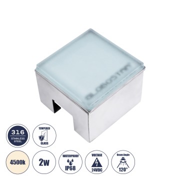 CYBOLITHOS  Χωνευτό Φωτιστικό Σποτ Δαπέδου LED 2W 265lm 120° DC 24V Αδιάβροχο IP68 IK06 Μ10 x Π10 x Υ8cm 4500K Dimmable - Tempered Γαλακτερό Γυαλί & Ανοξείδωτο Ατσάλι - Bridgelux Chip