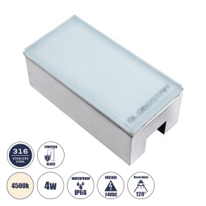 CYBOLITHOS  Χωνευτό Φωτιστικό Σποτ Δαπέδου LED 4W 530lm 120° DC 24V Αδιάβροχο IP68 IK06 Μ20 x Π10 x Υ8cm 4500K Dimmable - Tempered Γαλακτερό Γυαλί & Ανοξείδωτο Ατσάλι - Bridgelux Chip