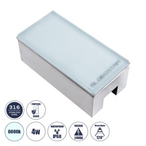 CYBOLITHOS  Χωνευτό Φωτιστικό Σποτ Δαπέδου LED 4W 540lm 120° DC 24V Αδιάβροχο IP68 IK06 Μ20 x Π10 x Υ8cm 6000K Dimmable - Tempered Γαλακτερό Γυαλί & Ανοξείδωτο Ατσάλι - Bridgelux Chip