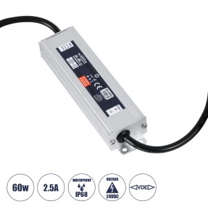 GLOBOSTAR® LUMISPLASH  Τροφοδοτικό/Μετασχηματιστής Class II SELV 60W 2.5A DC 24V Αδιάβροχο IP68 - AC 220-240V σε DC 24V - Μ15 x Π3.5 x Υ2cm