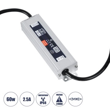 GLOBOSTAR® LUMISPLASH  Τροφοδοτικό/Μετασχηματιστής Class II SELV 60W 2.5A DC 24V Αδιάβροχο IP68 - AC 220-240V σε DC 24V - Μ15 x Π3.5 x Υ2cm