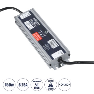 GLOBOSTAR® LUMISPLASH  Τροφοδοτικό/Μετασχηματιστής Class II SELV 150W 6.25A DC 24V Αδιάβροχο IP68 - AC 220-240V σε DC 24V - Μ20 x Π5.5 x Υ2.5cm