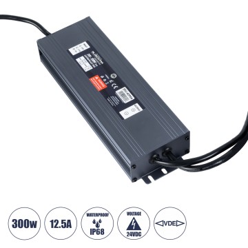 GLOBOSTAR® LUMISPLASH  Τροφοδοτικό/Μετασχηματιστής Class II SELV 300W 12.5A DC 24V Αδιάβροχο IP68 - AC 220-240V σε DC 24V - M23.5 x W7.5 x H3.6cm
