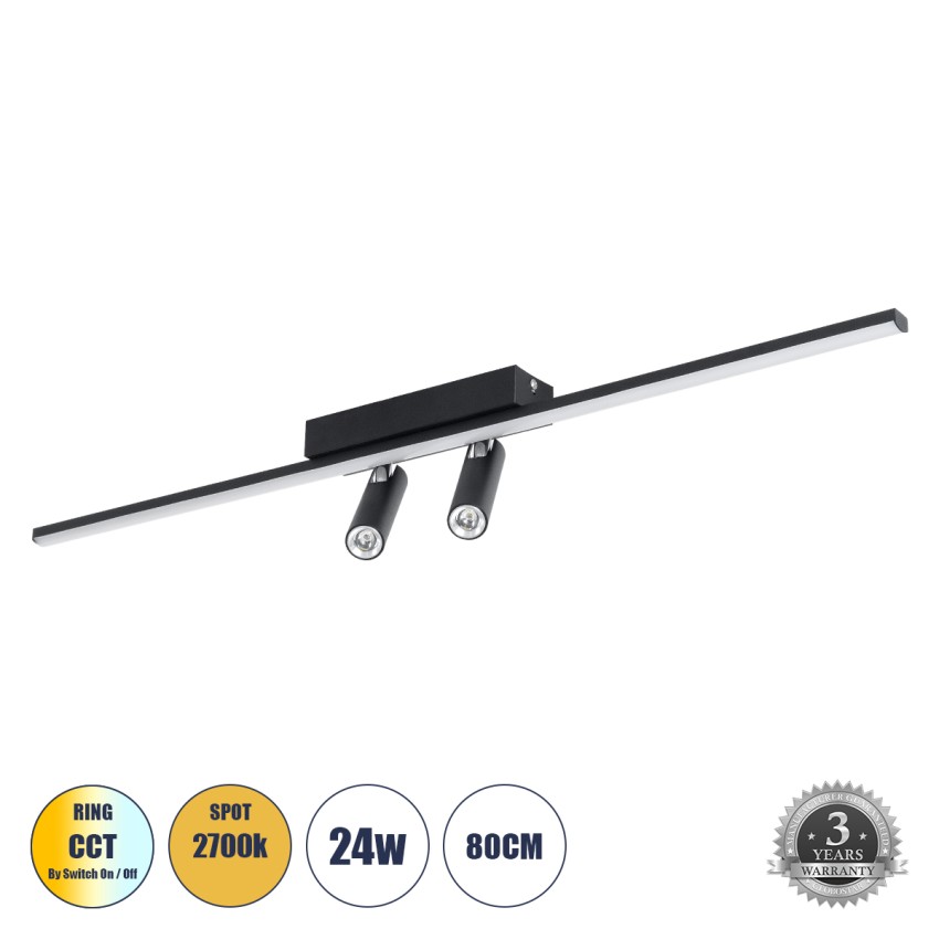 GLOBOSTAR® BARETTI  Φωτιστικό Οροφής Linear Design LED CCT με Κινούμενα Σποτ LED Downlight 24W 2688lm 160° & 45° AC 220-240V IP20  - Εναλλαγή Φωτισμού μέσω Διακόπτη On/Off All In One Ψυχρό 6000k+Φυσικό 4500k+Θερμό 2700k - Μ80 x Π5.5 x Υ5 cm - Μαύρο