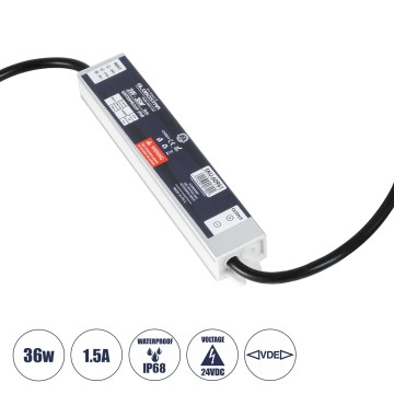 GLOBOSTAR® LUMISPLASH  Τροφοδοτικό/Μετασχηματιστής Class II SELV 36W 1.5A DC 24V Αδιάβροχο IP68 - AC 220-240V σε DC 24V - Μ17 x Π3 x Υ2cm