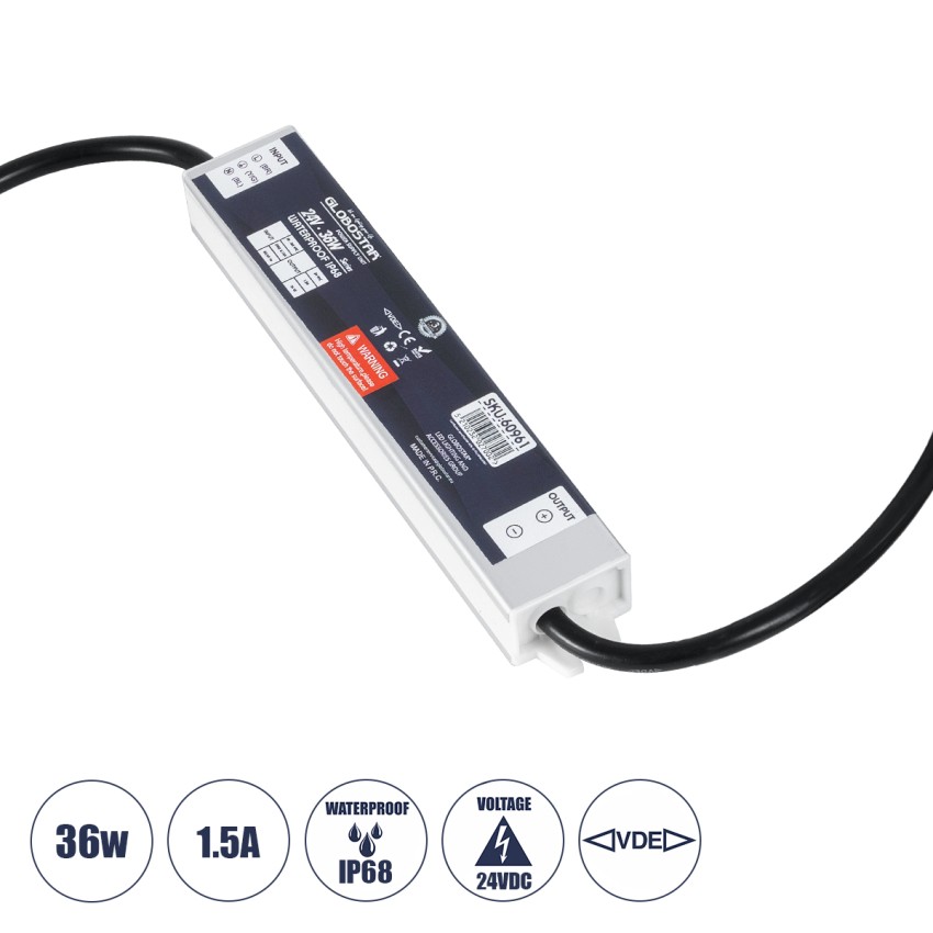 GLOBOSTAR® LUMISPLASH  Τροφοδοτικό/Μετασχηματιστής Class II SELV 36W 1.5A DC 24V Αδιάβροχο IP68 - AC 220-240V σε DC 24V - Μ17 x Π3 x Υ2cm